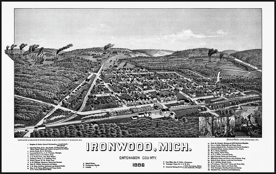 Ironwood Michigan Vintage Map Birds Eye View 1886 Black and White ...