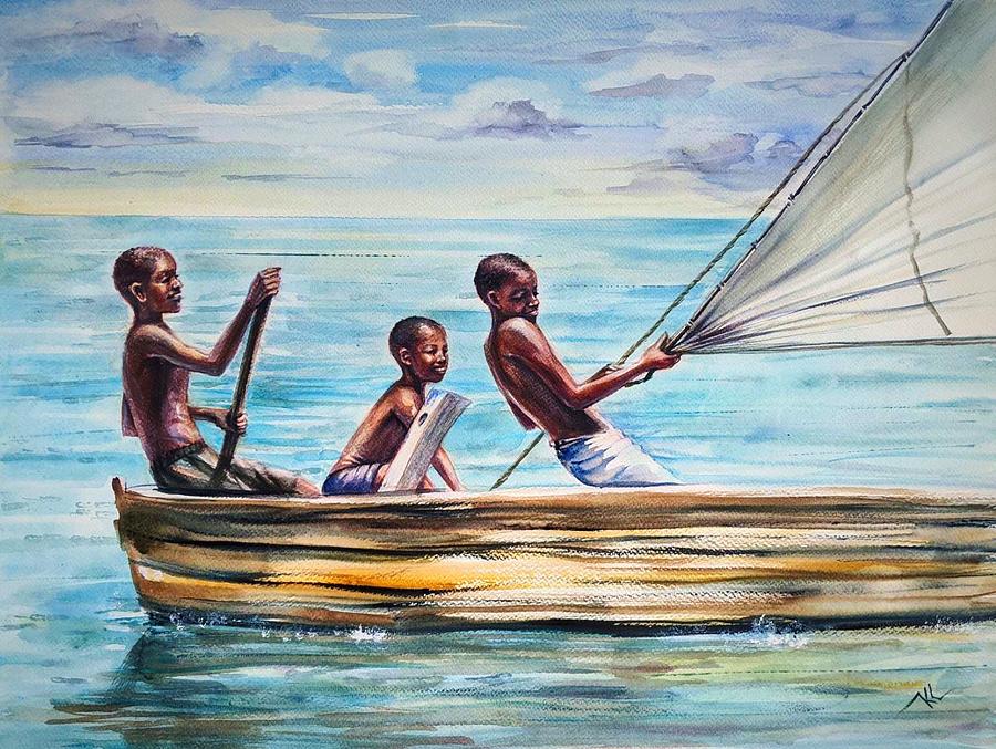 Island boys Painting by Katerina Kovatcheva
