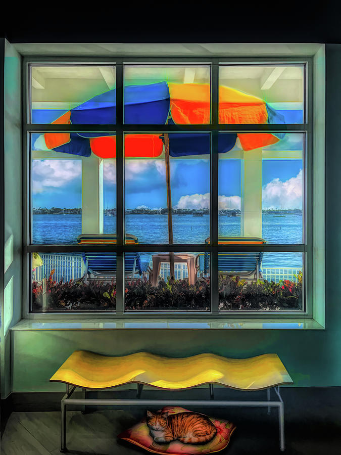 Island Umbrella through the Porch Window  Oil Painting Photograph by Debra and Dave Vanderlaan