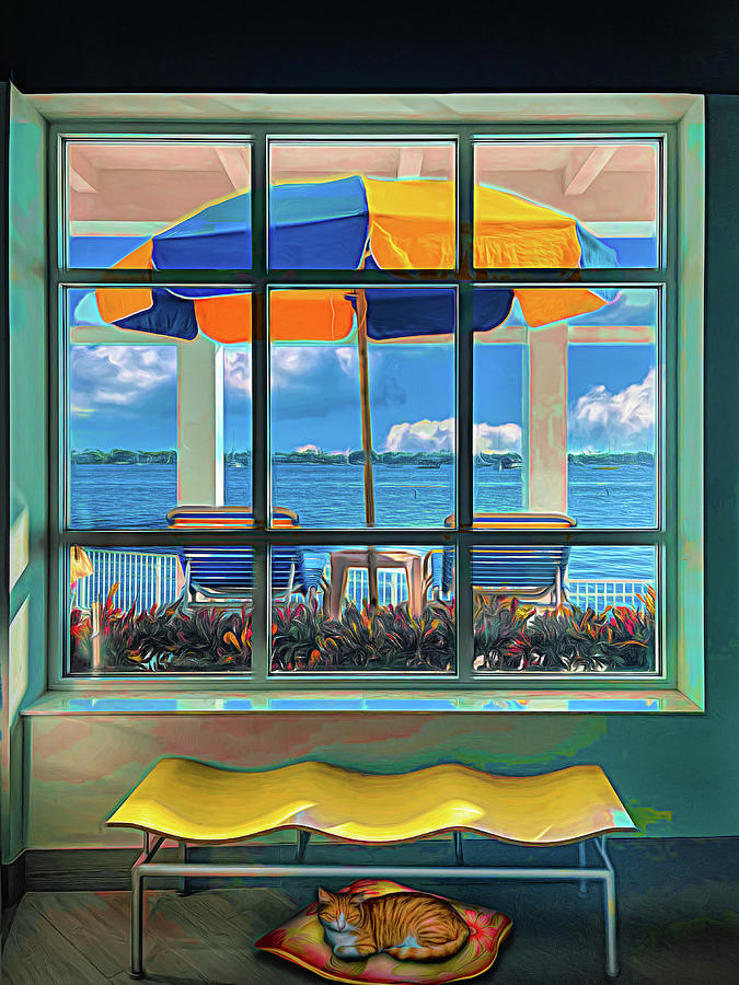 Island Umbrella through the Porch Window  Painting Photograph by Debra and Dave Vanderlaan
