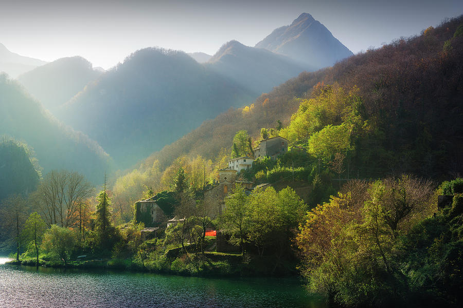 Isola Santa village and lake in autumn. Garfagnana Photograph by Stefano Orazzini