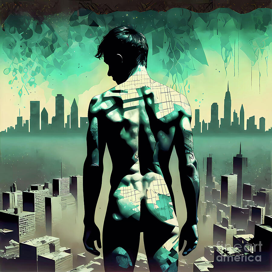 Isolated Nude Man Standing In Front Of A City Painting