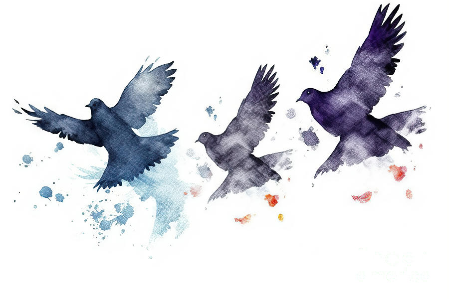 Nature Painting - Isolated, Watercolor Bird Silhouette, Dove Flying, Flock Of Bird by N Akkash