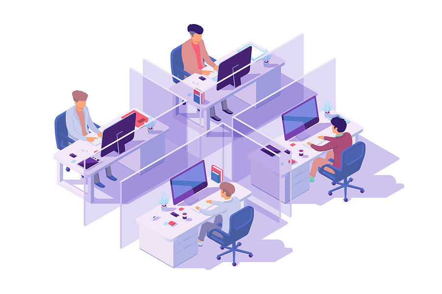 Isometric 3d workplace with four sections and businessman programmer at computer. Drawing by Jossnatu