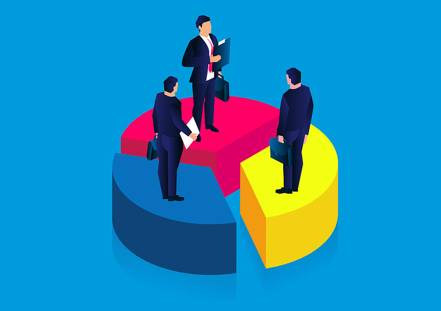 Isometric businessmen standing separately on a segmented pie chart, the concept of market profit and market share Drawing by Sesame