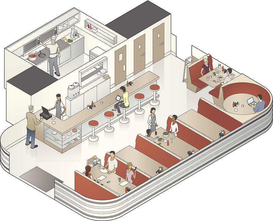 Isometric Diner Cutaway Illustration Drawing by Mathisworks