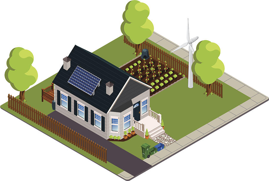 Isometric green or eco-friendly bungalow Drawing by Yiibu