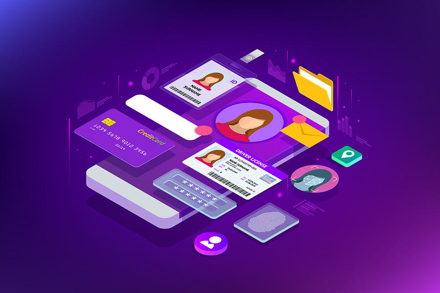 Isometric Personal Data Information App, Identity Private Concept. Digital data Secure Banner. Biometrics technology vector illustration for personal identity recognition and access authentication. Drawing by OstapenkoOlena