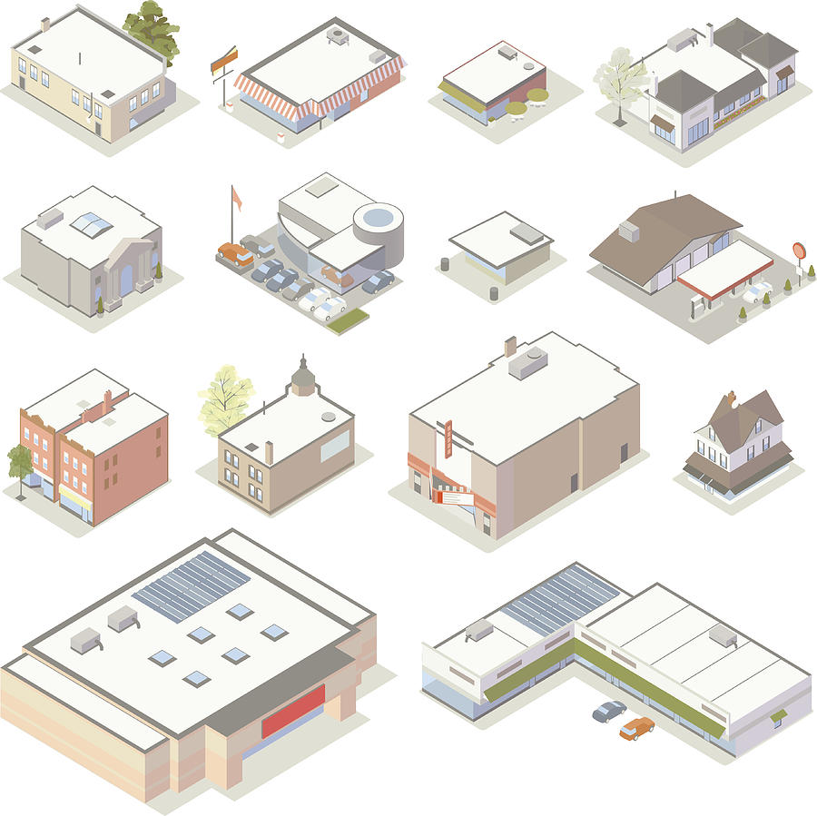 Isometric Shops and Businesses Illustration Drawing by Mathisworks