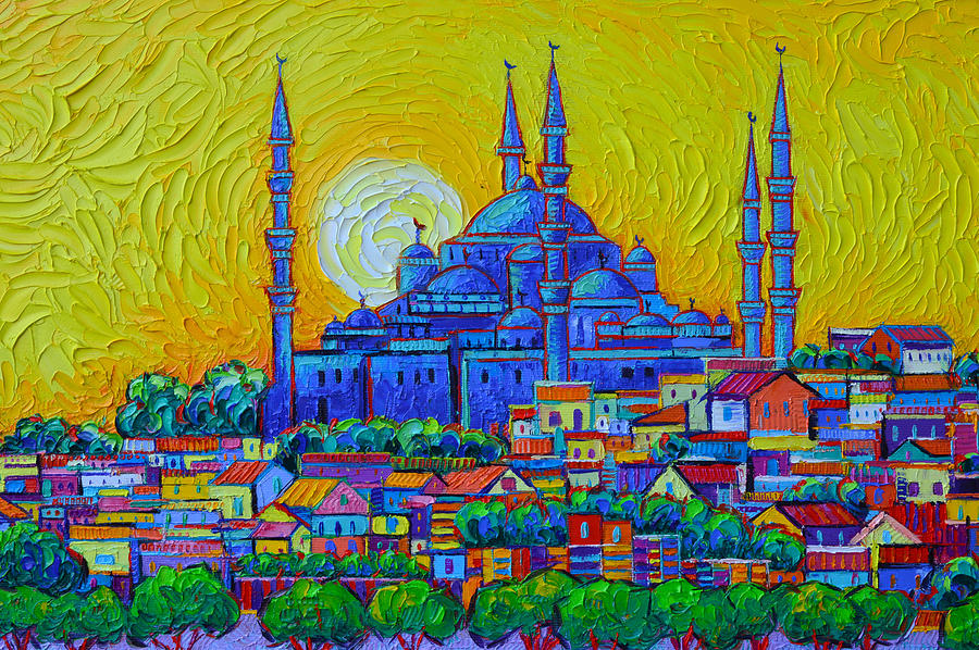 ISTANBUL BLUE MOSQUE SUNSET commissioned art impasto painting abstract cityscape Ana Maria Edulescu Painting by Ana Maria Edulescu