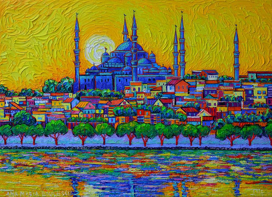 ISTANBUL SKYLINE AT SUNSET BLUE MOSQUE commissioned painting abstract cityscape Ana Maria Edulescu Painting by Ana Maria Edulescu