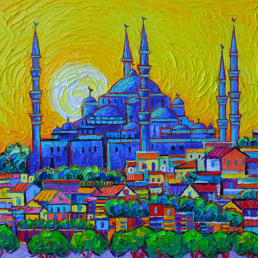 Turkey Painting - ISTANBUL YELLOW SUNSET OVER HAGIA SOPHIA ABSTRACT CITYSCAPE commissioned painting Ana Maria Edulescu by Ana Maria Edulescu