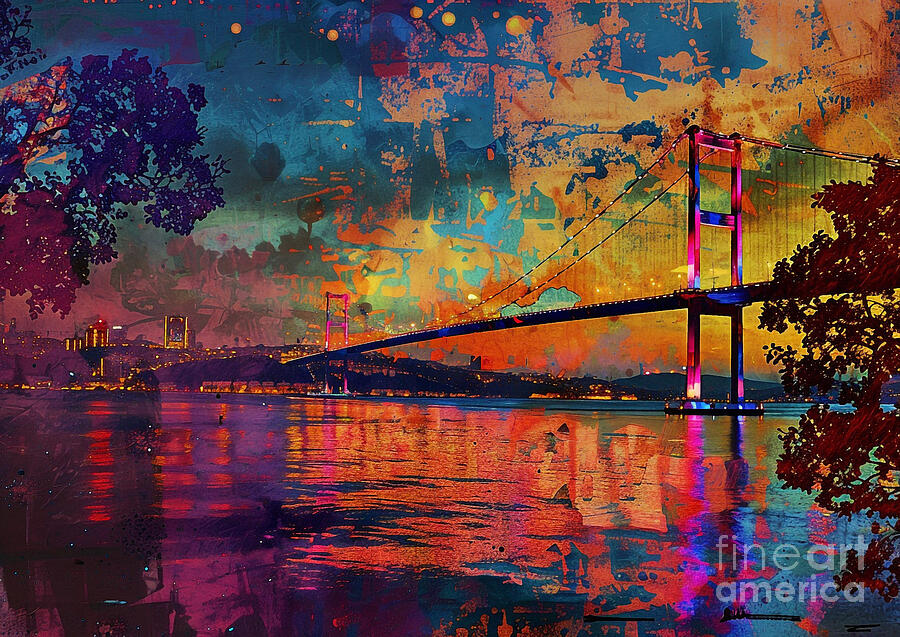 Istanbuls Bosphorus Bridge Disappearing Into The Night Painting
