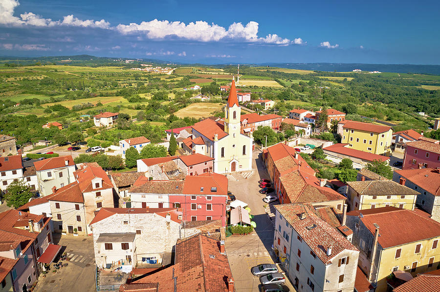 Istria. Town of Brtonigla on green istrian hill aerial view Photograph by Brch Photography
