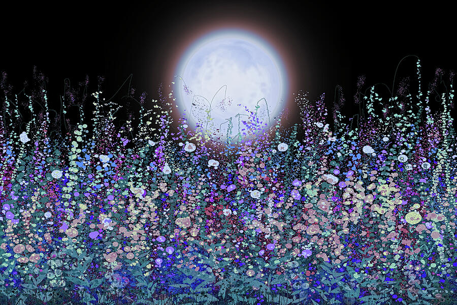 In the Twilight Sky the Strawberry Supermoon Rises Over the Meadow Painting by OLena Art