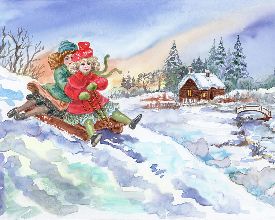 It Is Fun To Ride A Sled In Village  Painting by Irina Sztukowski