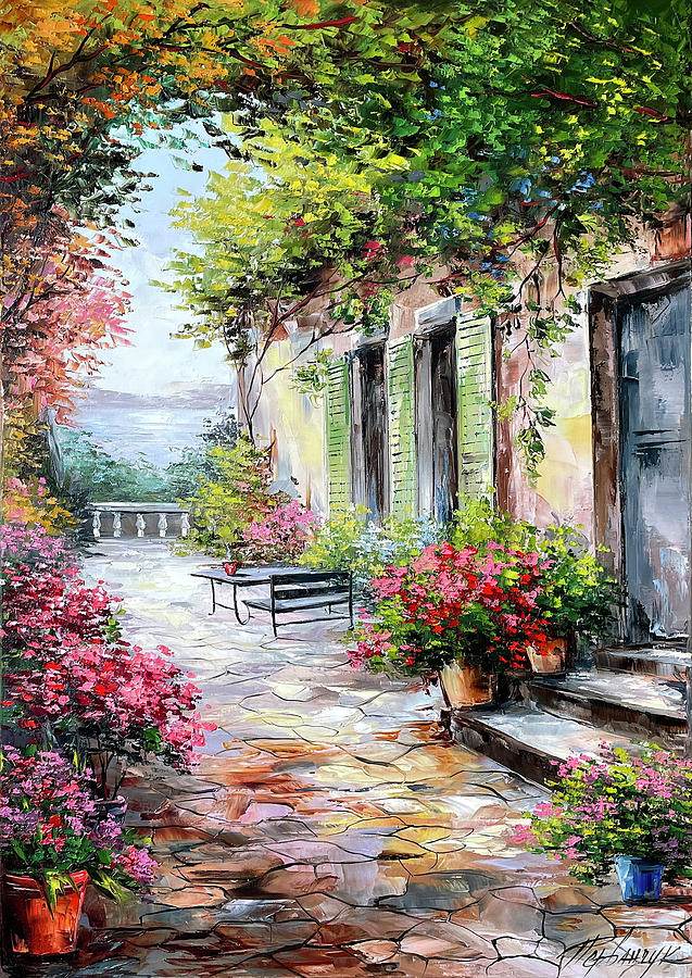 Italian Garden Oil Painting on Canvas, Tuscany Wall Art, Colorful