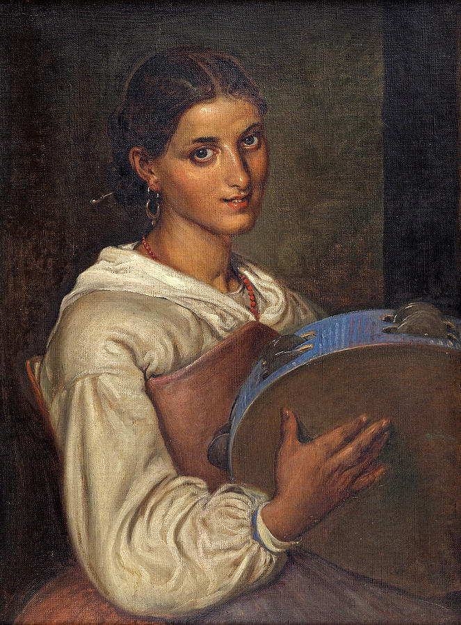 Italian girl with a blue tambourine Painting by Wilhelm Marstrand