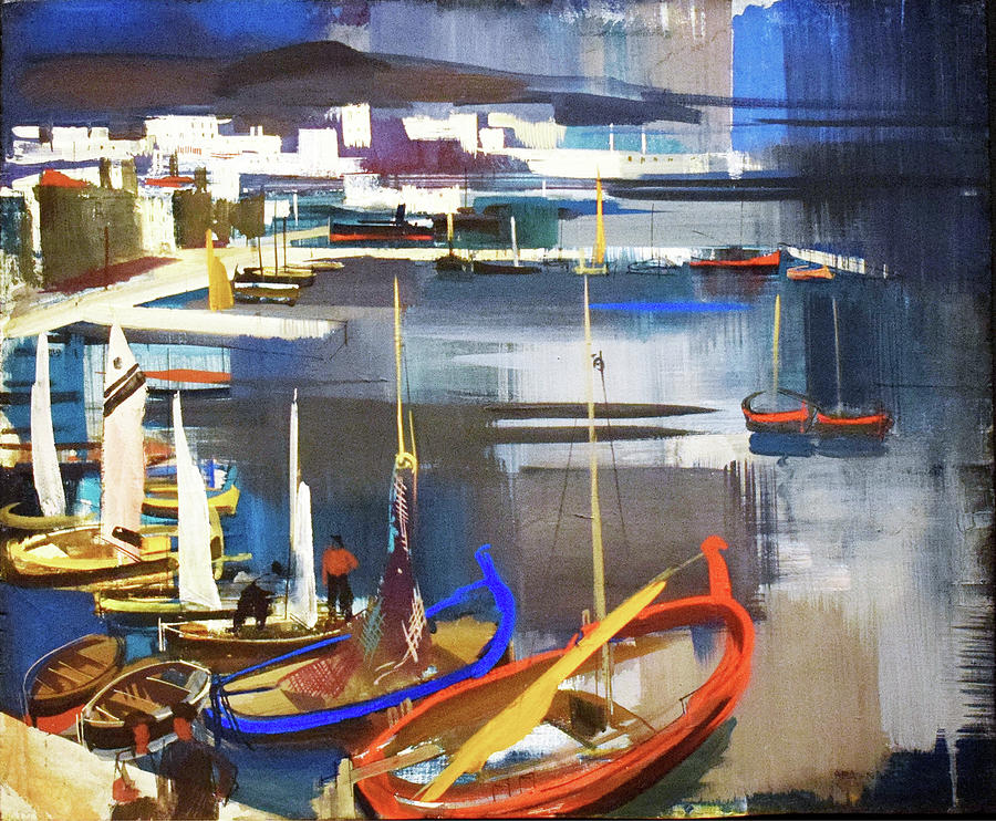 Italian harbour  by Aba-Novak Vilmos - Hungarian painters Painting by Aba-Novak Vilmos