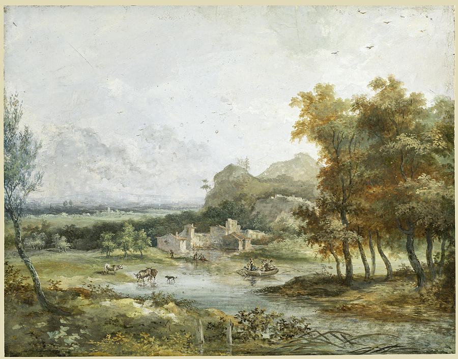 Italian Landscape with a Boating Party Drawing by Louis-Gabriel Moreau