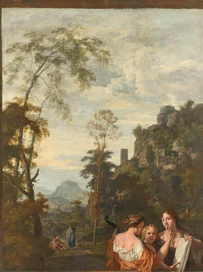 Italian landscape with three women making music Painting by Gerard de Lairesse and Johannes Glauber