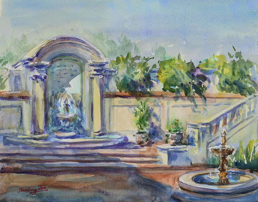Italian Mediterranean Revival Courtyard at Villa Montalvo Saratoga California Painting by Xueling Zou