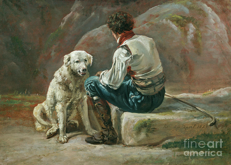 Italian with white dog, 1821 Painting by O Vaering by Johan Christian Dahl