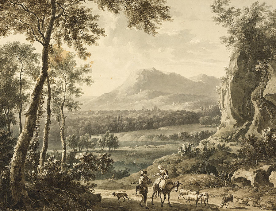 Italianate Landscape with Traveling Peasants in Foreground Drawing by Frederick de Moucheron