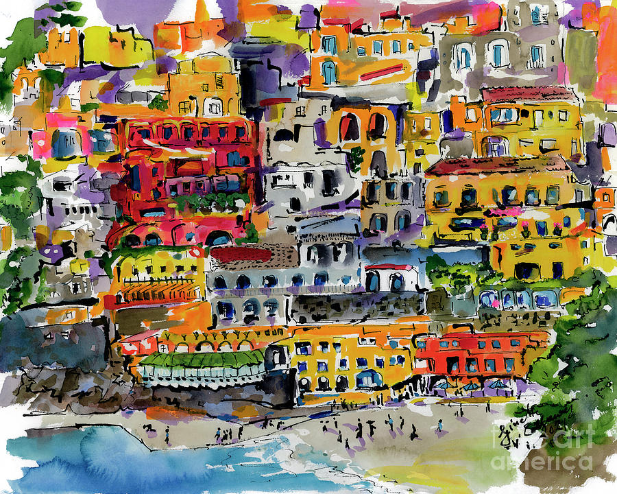 Italy Amalfi Coast Positano Cliff Houses Painting by Ginette Callaway