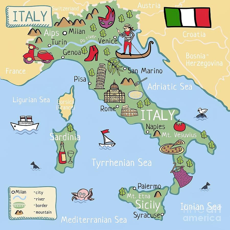 Italy cartoon map Painting by Gary Hall - Fine Art America