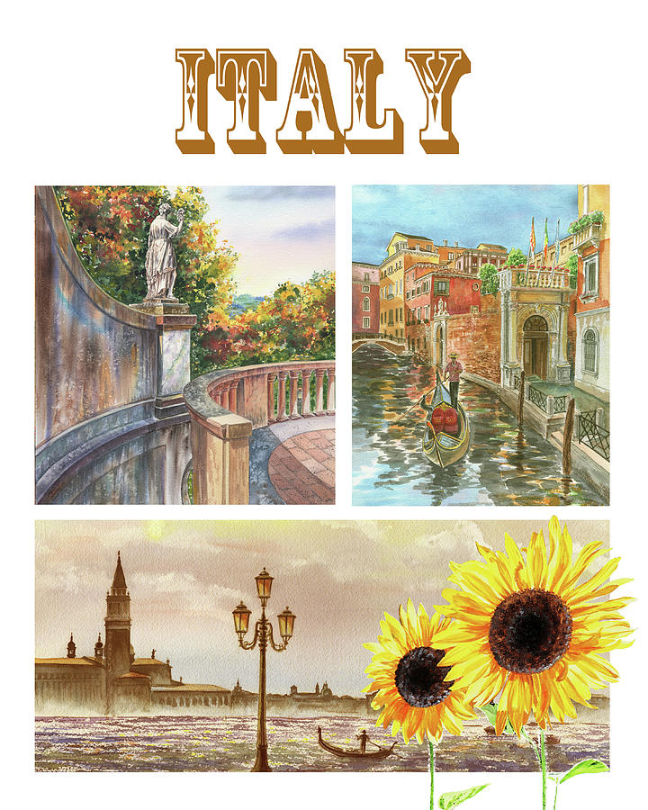 Italy Collage Florence Venice Sunflowers Watercolor  Painting by Irina Sztukowski