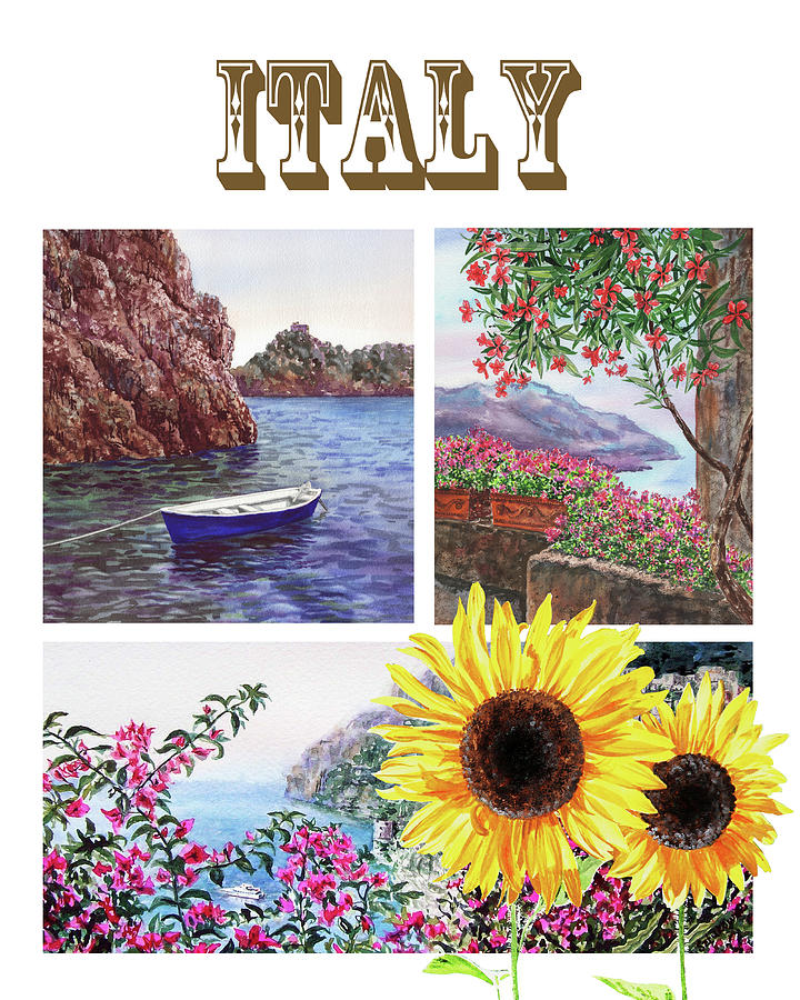 Italy Collage Grotto Boat Ravello Hills Positano Sunflowers Watercolor Painting by Irina Sztukowski