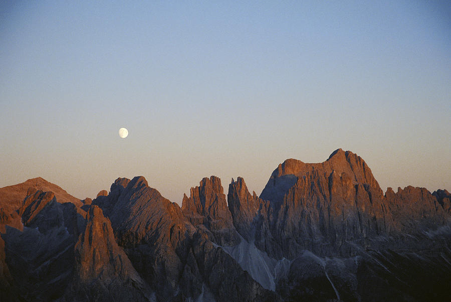 Italy, dolomites, sunset, moon rising Photograph by Heidi Coppock-Beard