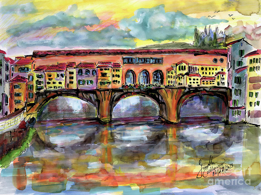 Italy Florence  Ponte Vecchio Watercolors Painting by Ginette Callaway