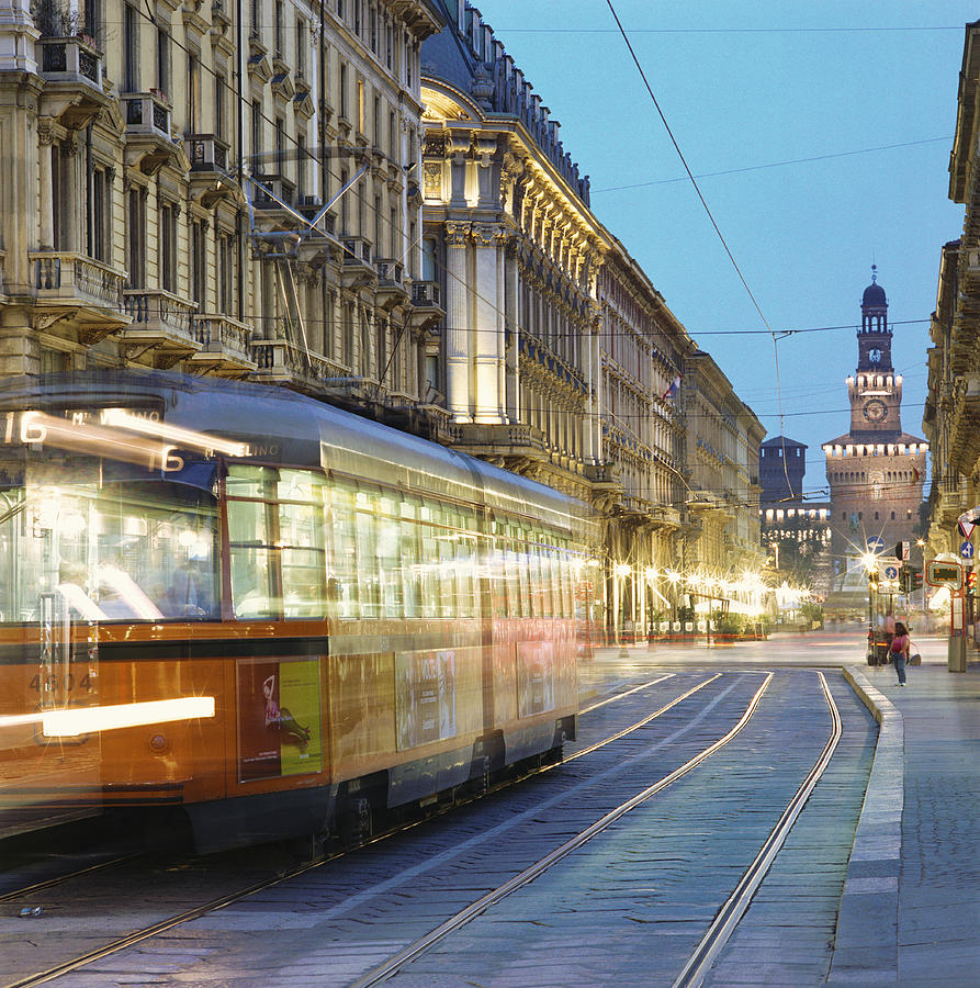 Italy, Lombardy, Milan, tram at dusk (long exposure) Photograph by Gary Yeowell