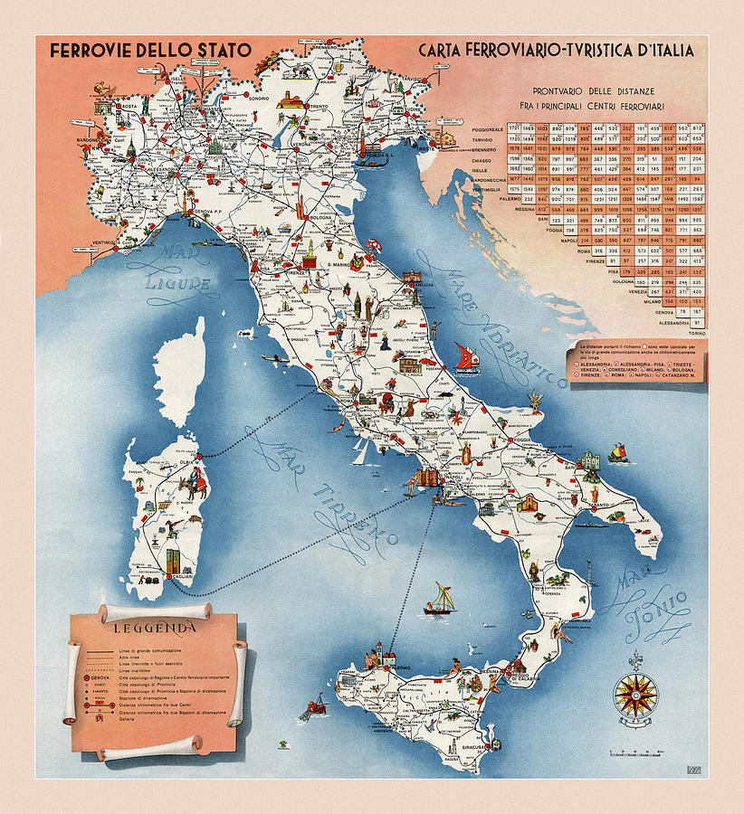 Italy Railway Map 1953 Photograph by Andrew Fare