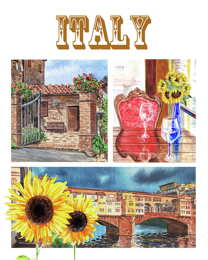 Italy Tuscany Florence Collage With Sunflowers  Painting by Irina Sztukowski