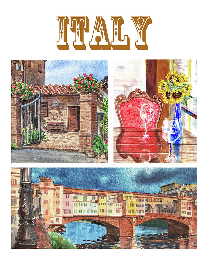 Italy Watercolor Tuscany Cafe Sunflowers Ponte Vecchio Florence  Painting by Irina Sztukowski