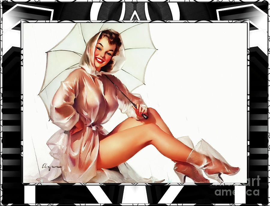 Its A Rainy Day Pin-up Girl Illustration by Gil Elvgren Vintage Art Xzendor7 Reproductions Painting by Rolando Burbon