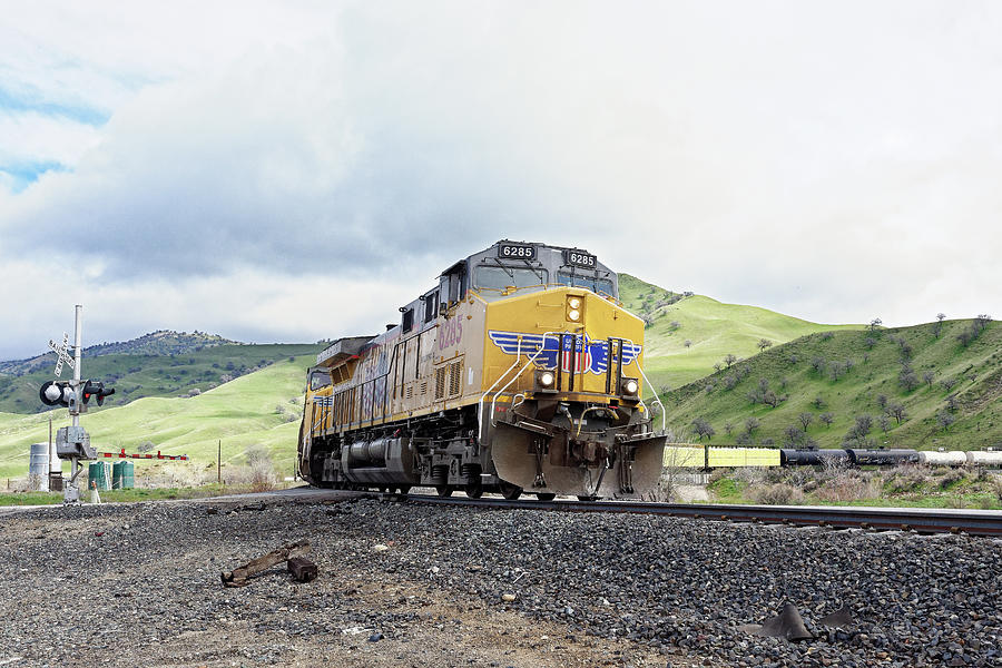 Its Comin Round the Bend -- Union Pacific Freight Train in Caliente, California Photograph by Darin Volpe