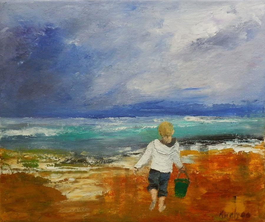 Beach Painting - Its still cold at sea by Maria Karalyos