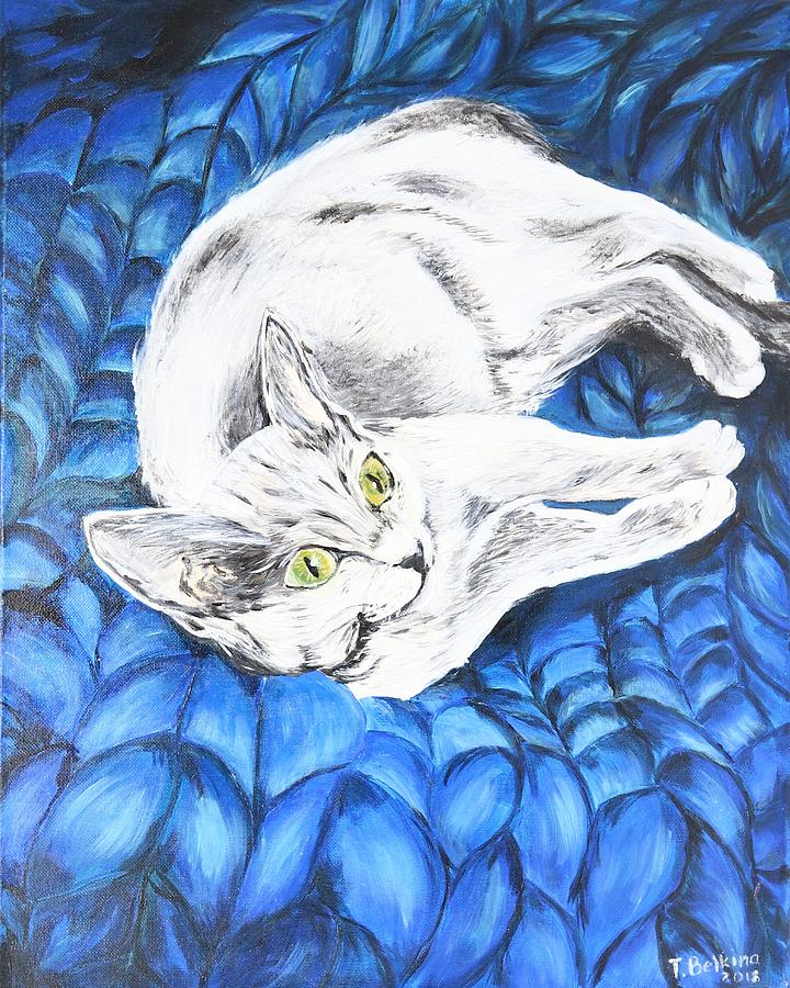 Ivona , Cute cat on a blue knitted blanket Painting by Tetiana Bielkina