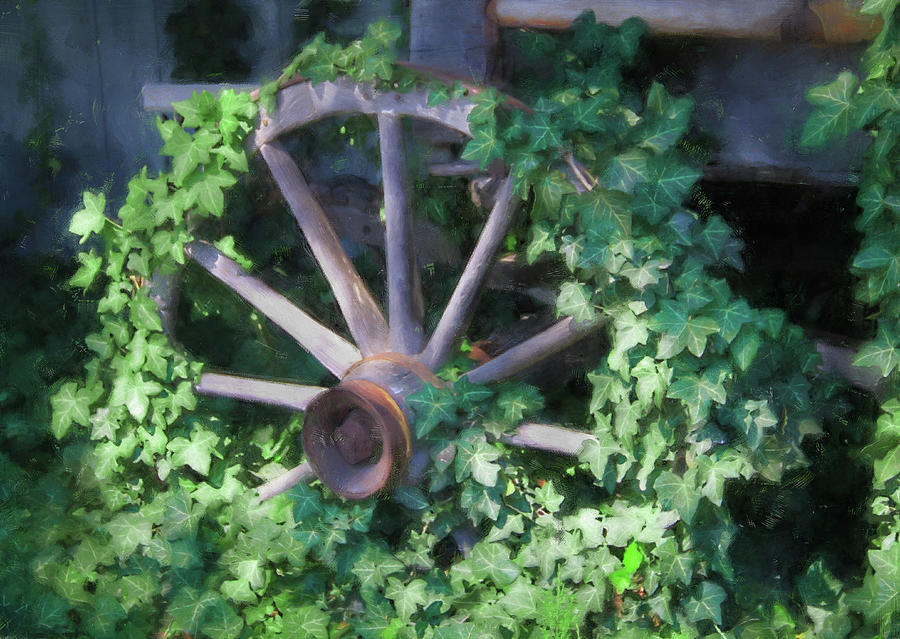 Ivy Covered Wagon Wheel Painting by Dan Sproul