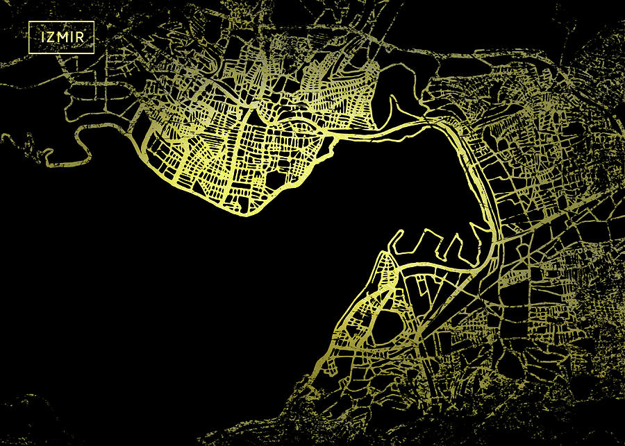 Izmir Map in Gold and Black Digital Art by Sambel Pedes