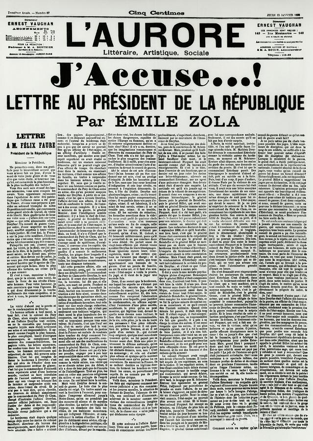 J Accuse by Emile Zola published on L Aurore for Dreyfus Affair, France, 19th century Photograph by Emile Zola