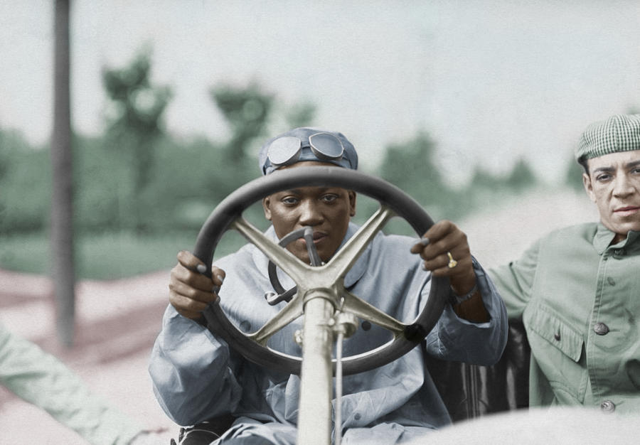 Jack Johnson Driving His Thomas Flyer - Colorized Photograph by War Is Hell Store