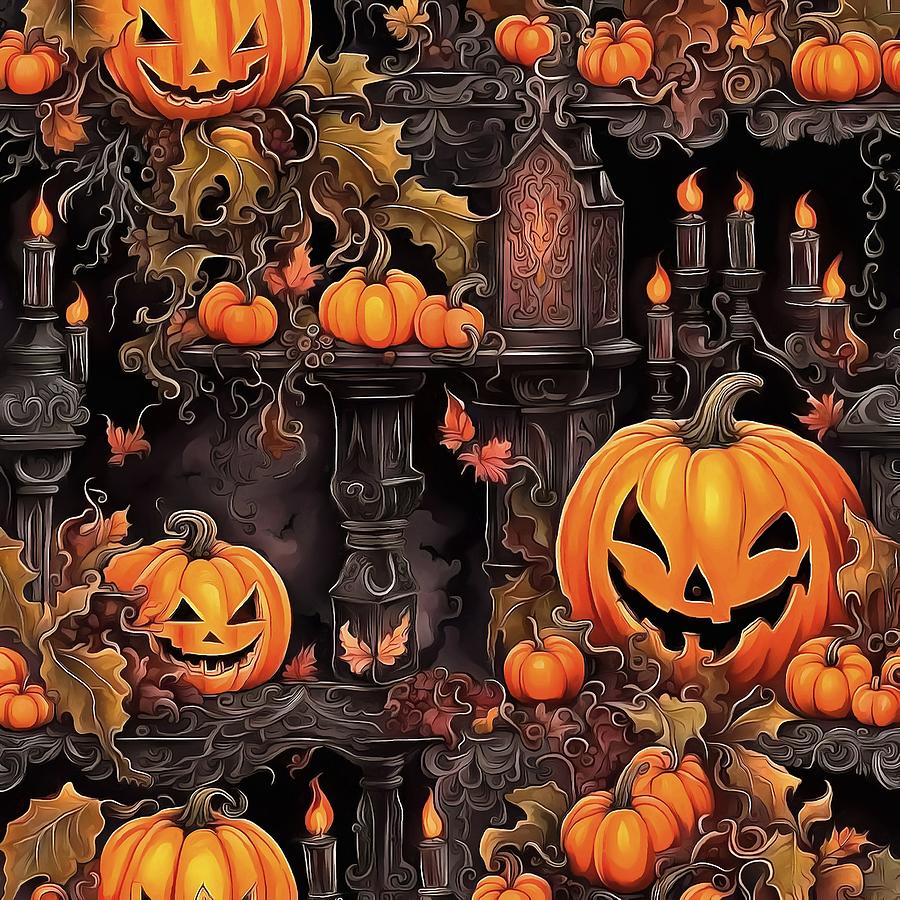 Halloween Painting - Jack O Lanterns And Gothic Candle Random Pattern by Taiche Acrylic Art