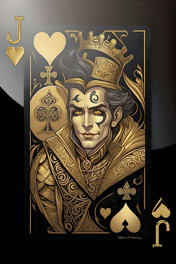 Playing Card Digital Art - Jack of Hearts #2 in Gold on Black by Serge Averbukh