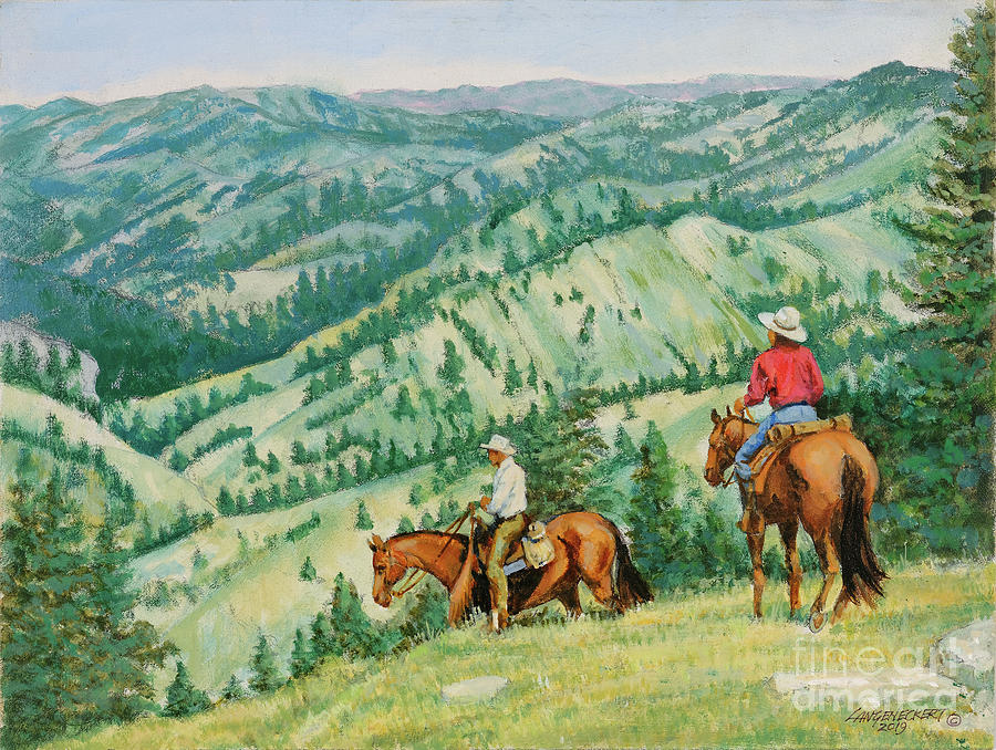 Horse Painting - Jackson Hole - Heading Down the Trail by Don Langeneckert