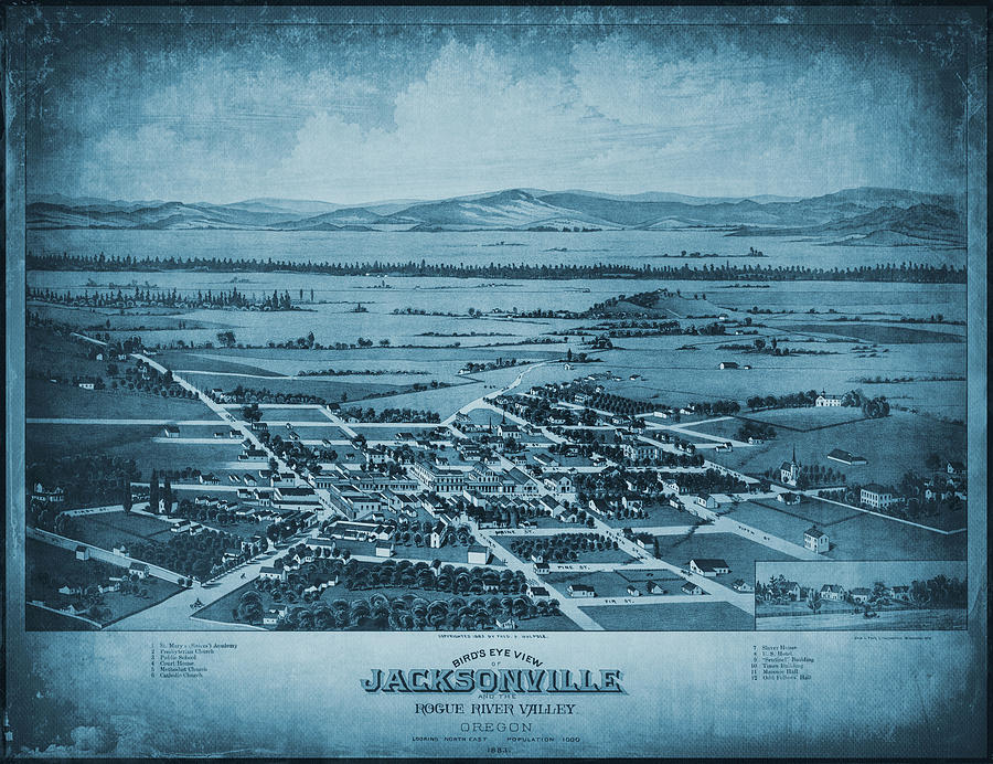 Jacksonville and The Rogue River Valley Oregon Vintage Aerial Map 1883 Blue Photograph by Carol Japp
